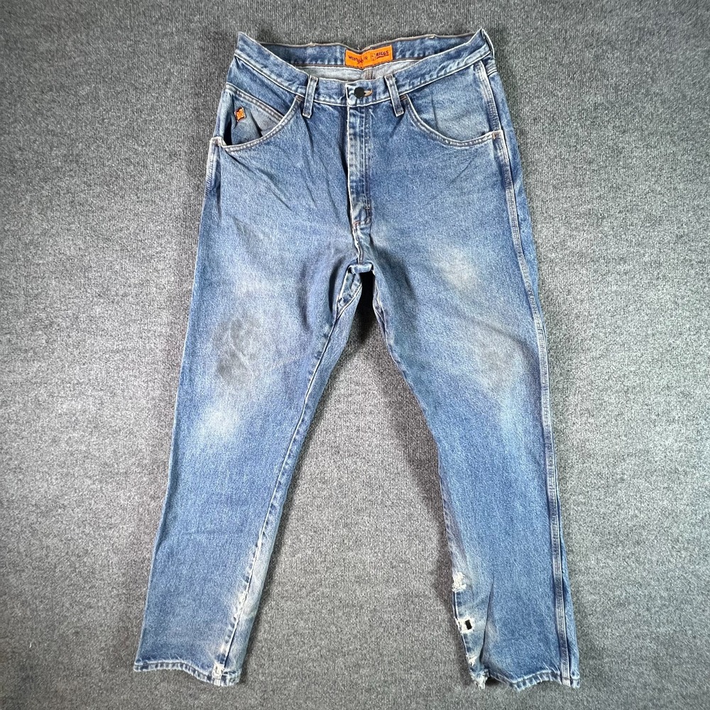Wrangler Riggs FR Jeans Men's 35x36 Blue Cotton Denim Straight Relaxed-Fit Faded
